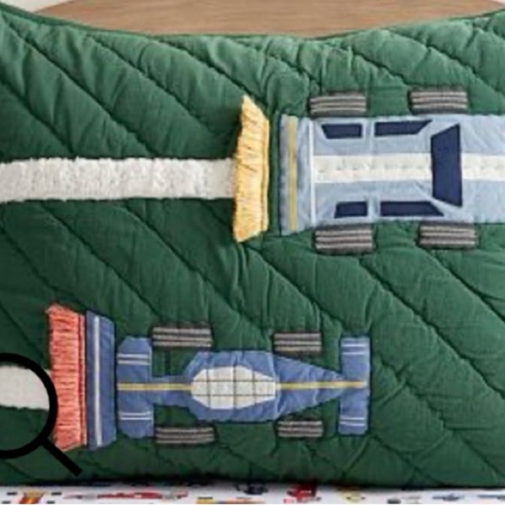 Pottery Barn Kids Green Pillow with Blue and White Race Car Design